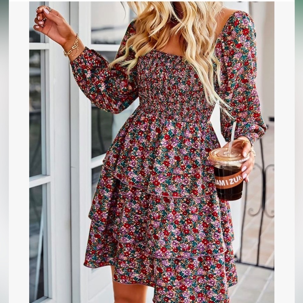 Women Square Neck Smocked Dresses Long Sleeve Floral Ruffle Party Mini Boho L